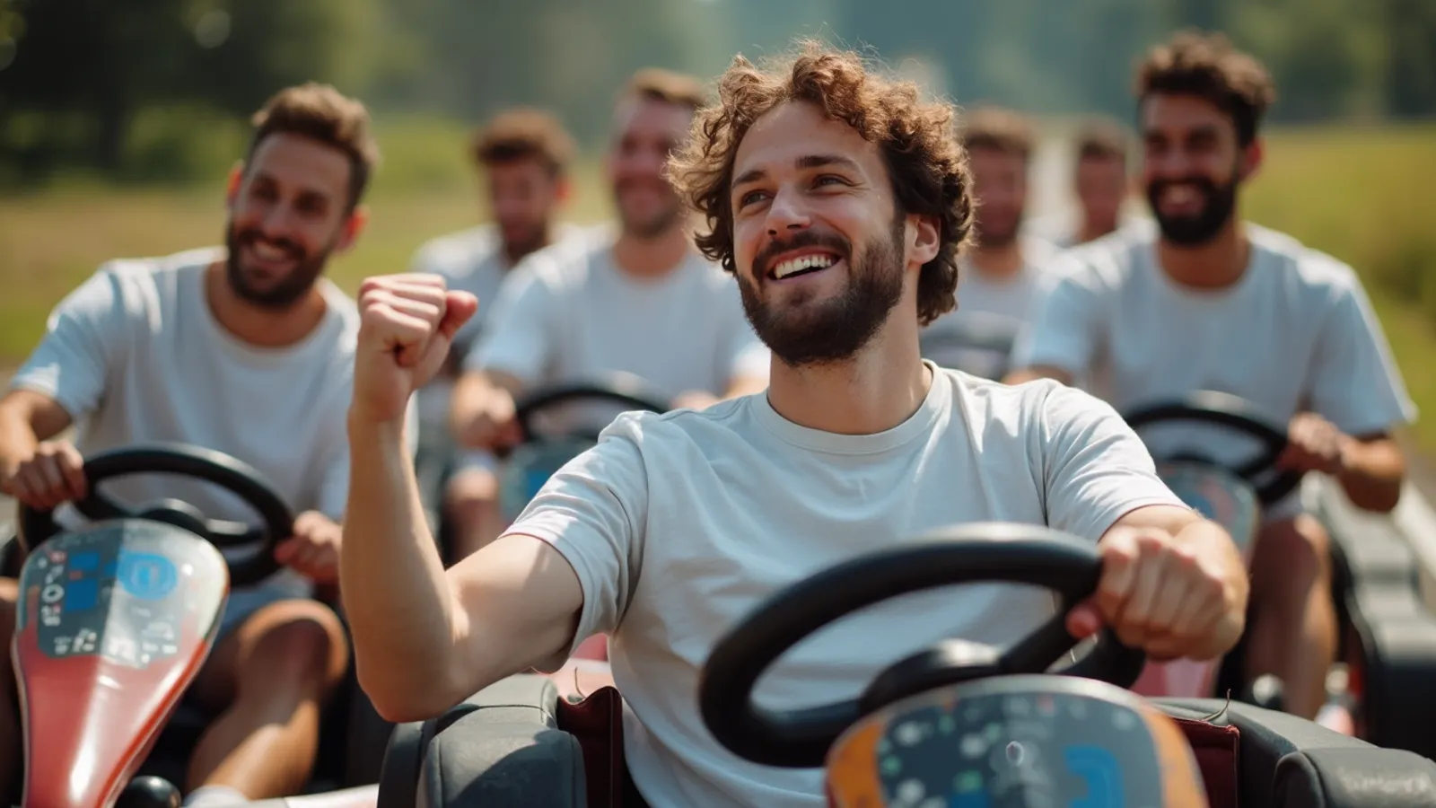 A friend group in matching T-shirts celebrating in a go-kart arena