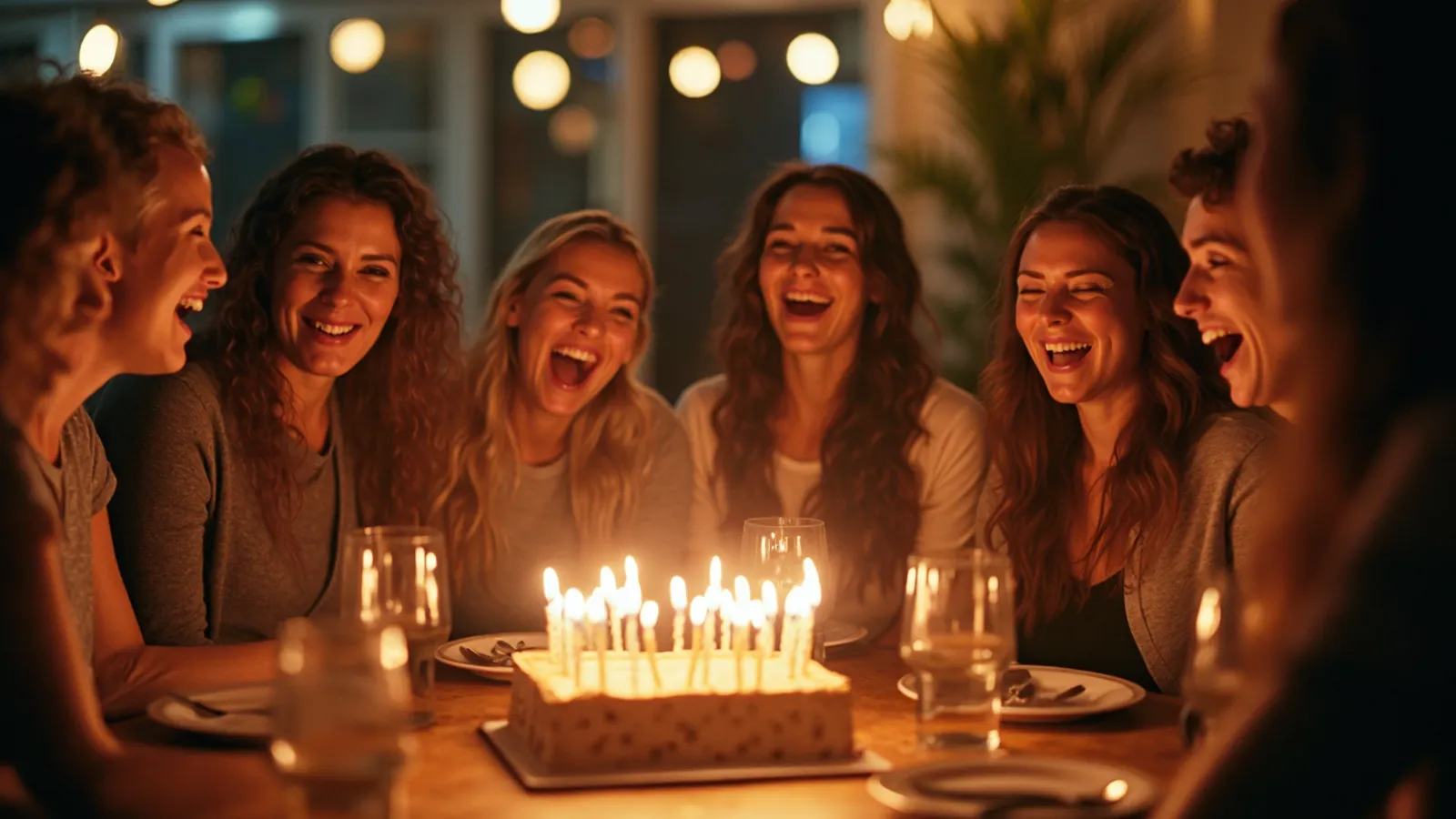 Friends around a table at night with a birthday cake with lit candles and string lights