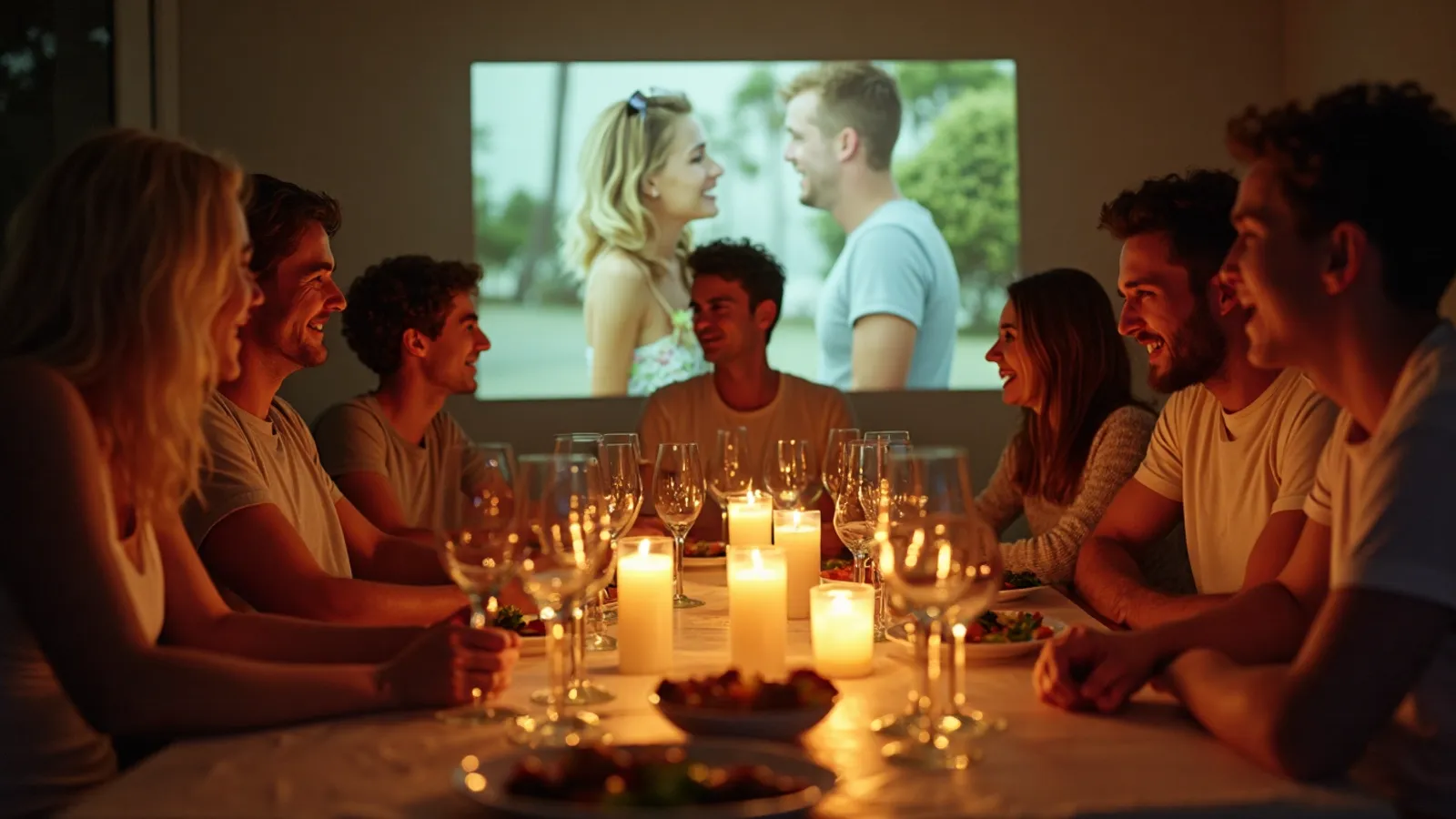 Friends around a candlelit dinner table at home, food on the table and a film playing