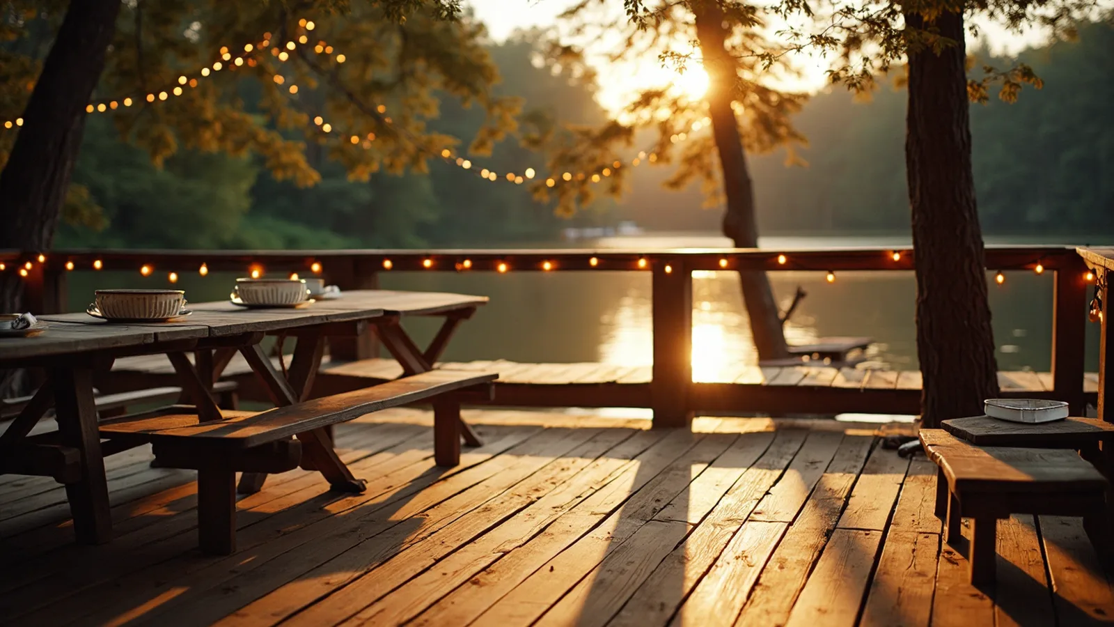An empty wooden lakeside deck and dock at golden hour with warm string lights, a picnic table set with plates, a calm lake behind