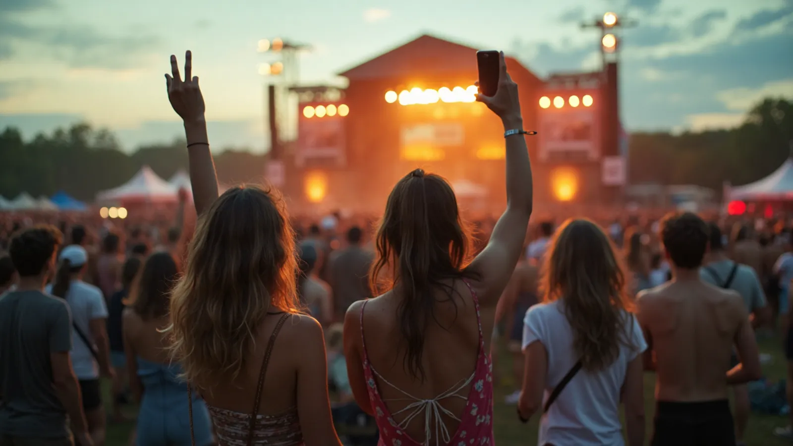 Friends in front of a festival crowd at dusk, stage lights and tents behind them
