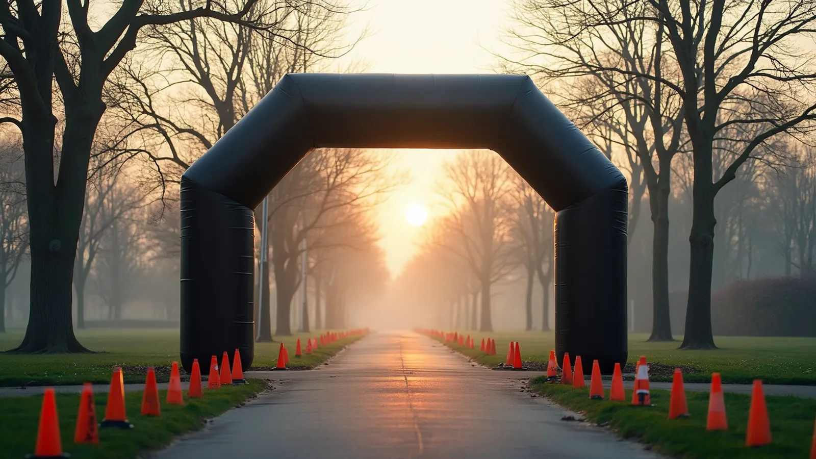 The start line of an outdoor charity 5k in a park, a start arch and a timing scoreboard, cones and a banner on the grass