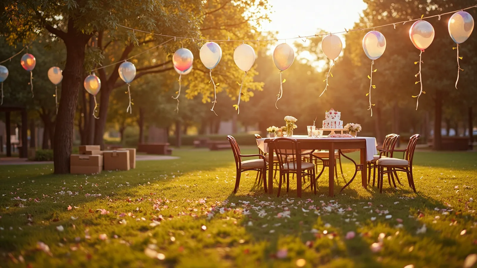 A graduation celebration set up in a sunny park at golden hour, string lights, balloons, a cake and a banner on a long table