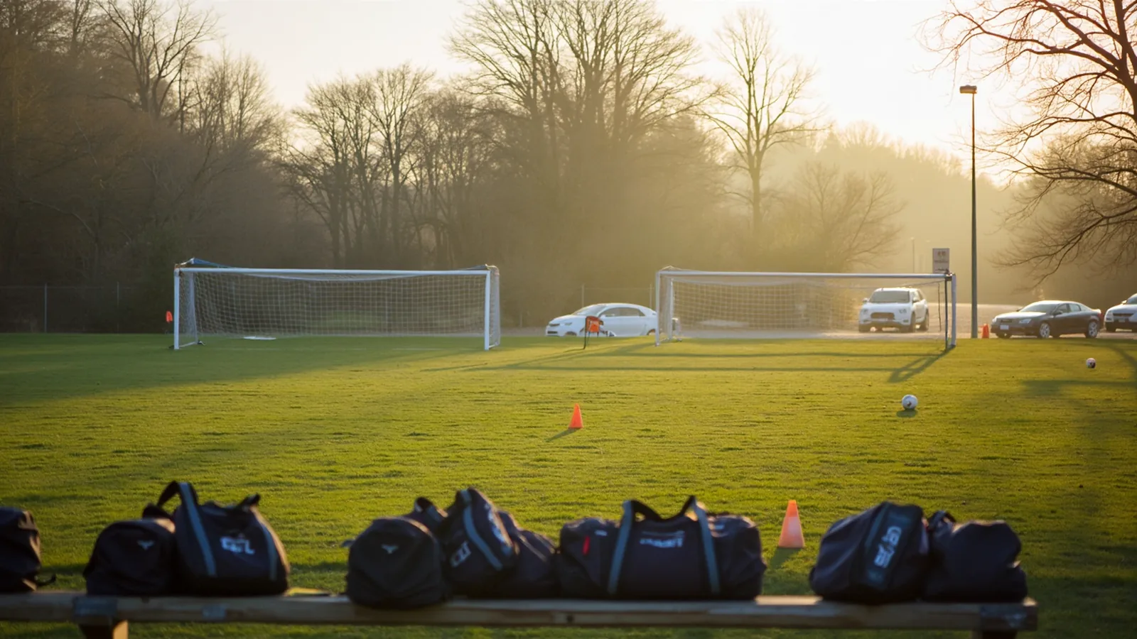 An empty community soccer pitch at golden morning light, two white goals and training cones on the grass, team bags on the sideline bench, cars parked on the lot behind the fence
