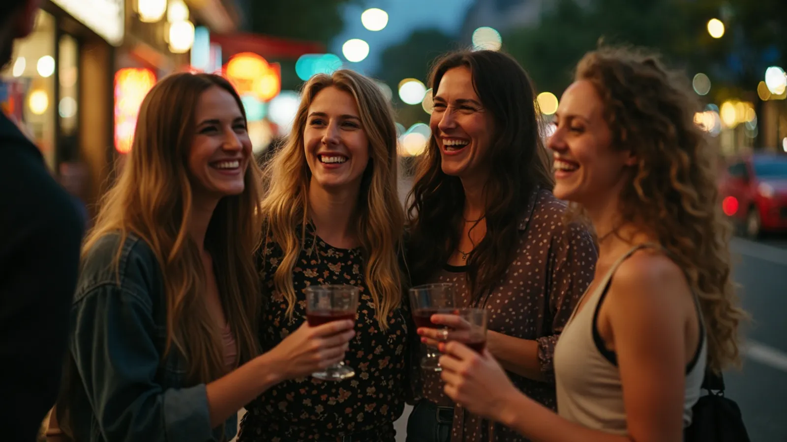 A group of friends laughing on a city street at night, warm shop lights behind them