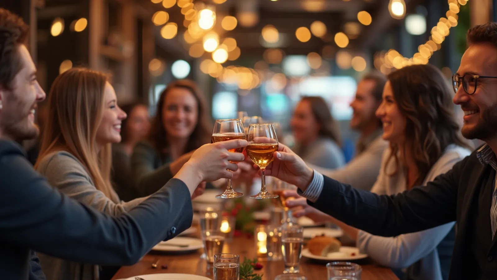 A team of colleagues at a holiday party, raising glasses in a warm restaurant room