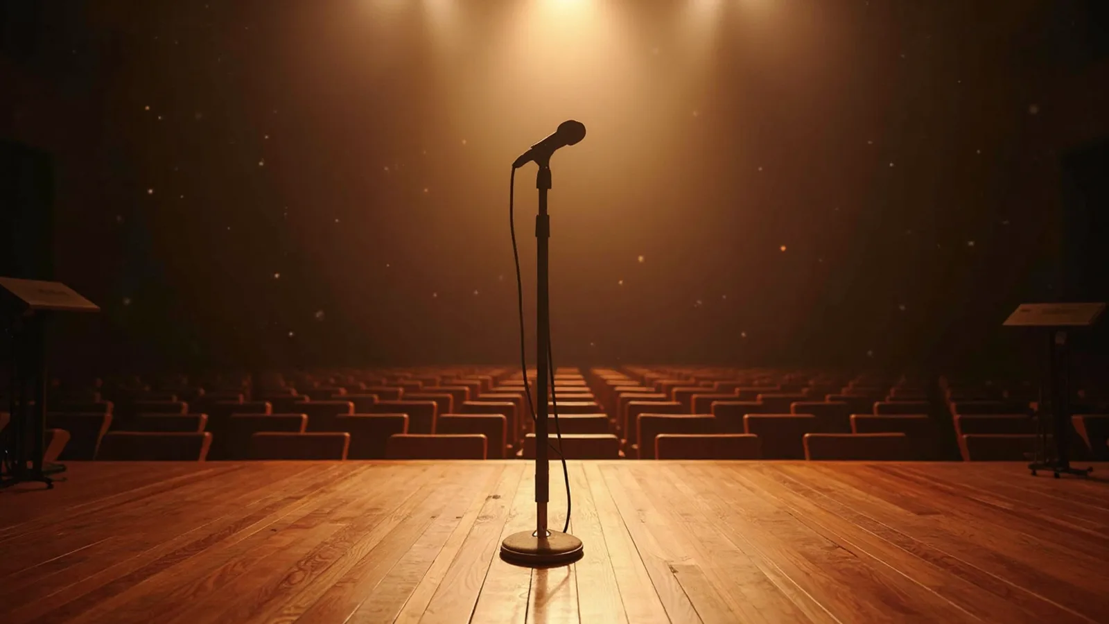 An empty stage in a warm community hall with a microphone and a music stand under a soft spotlight, rows of empty seats behind