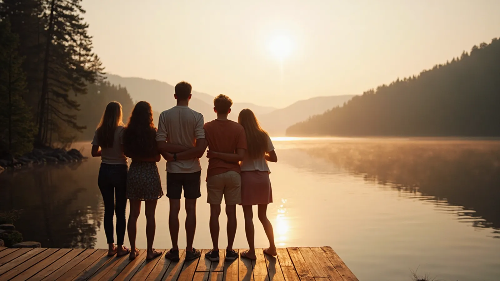 Five friends on a lake house deck at golden hour, one holding a phone up to take the photo